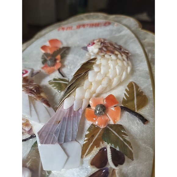 2 Vintage Capiz Shell Scalloped Seashell Art Birds Floral Phillipines Sealed GUC - Picture 3 of 11